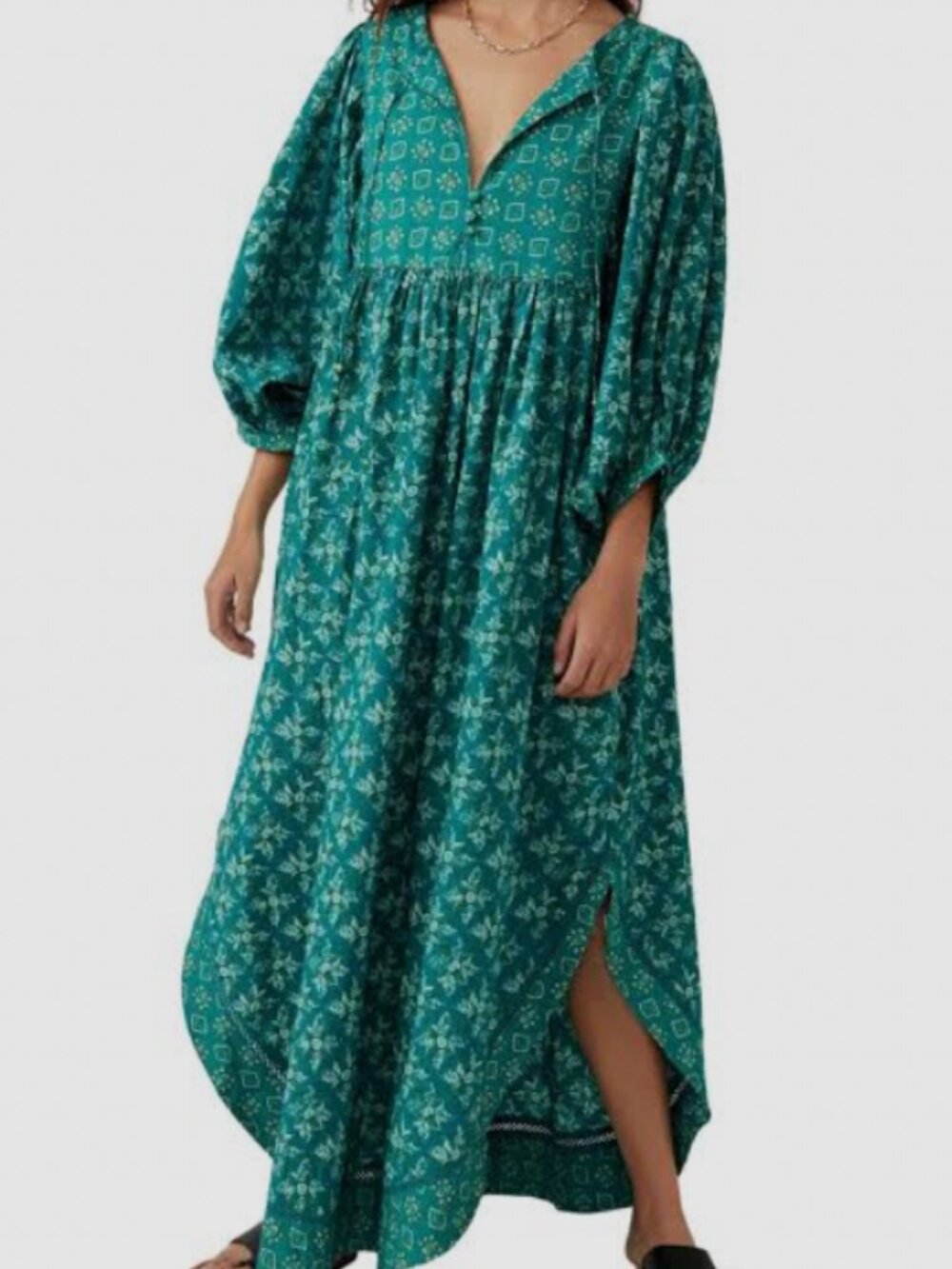 Free People Green/Teal Floral Maxi Dress with Puff Sleeves - Picture 1 of 9